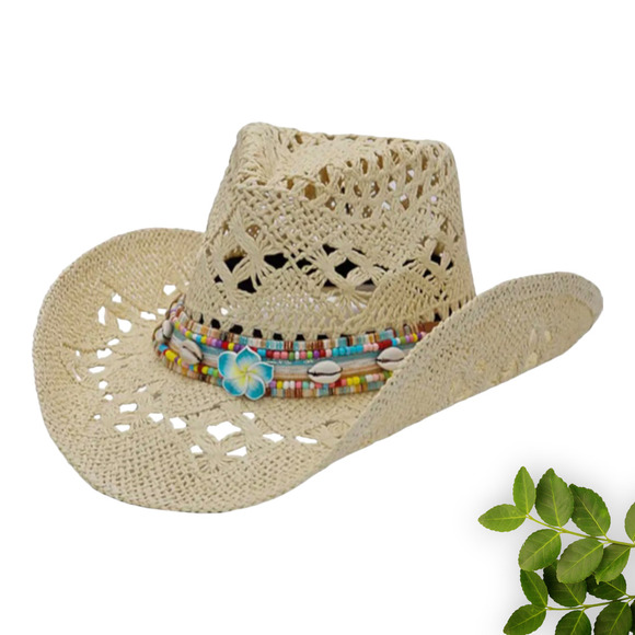 Boho CreamTribal Band Tycoon Crown Crochet Hollow Straw Cowboy Hat Festival - Picture 1 of 12